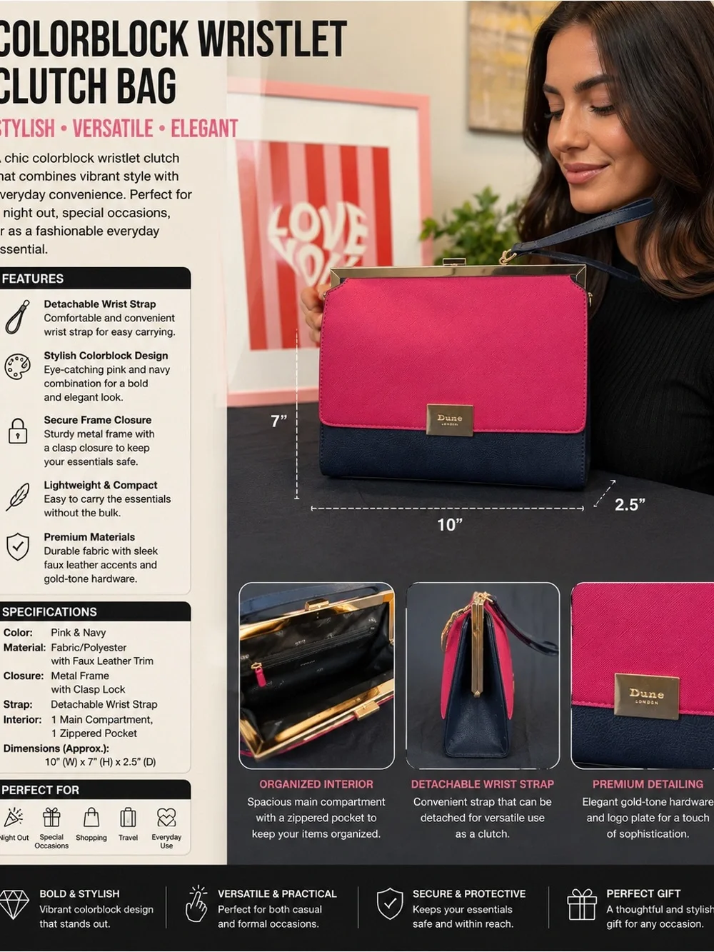 Dune London Pink and Navy Colorblock Top Handle Satchel